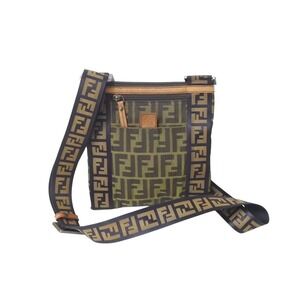FENDI Sacoche Shoulder Bag Canvas Leather Brown Black